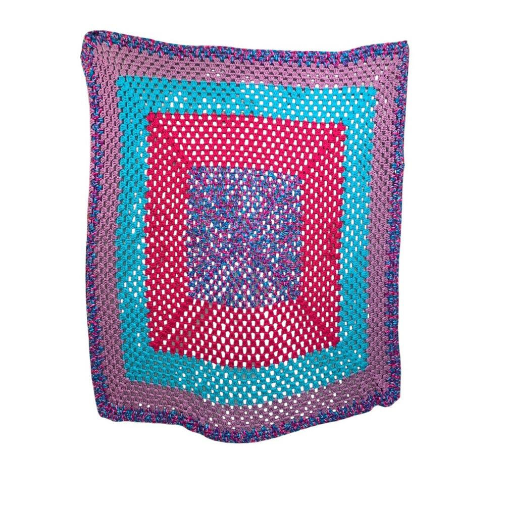 Vintage Crochet Afghan Blanket Throw 54" Square Purple Teal Pink